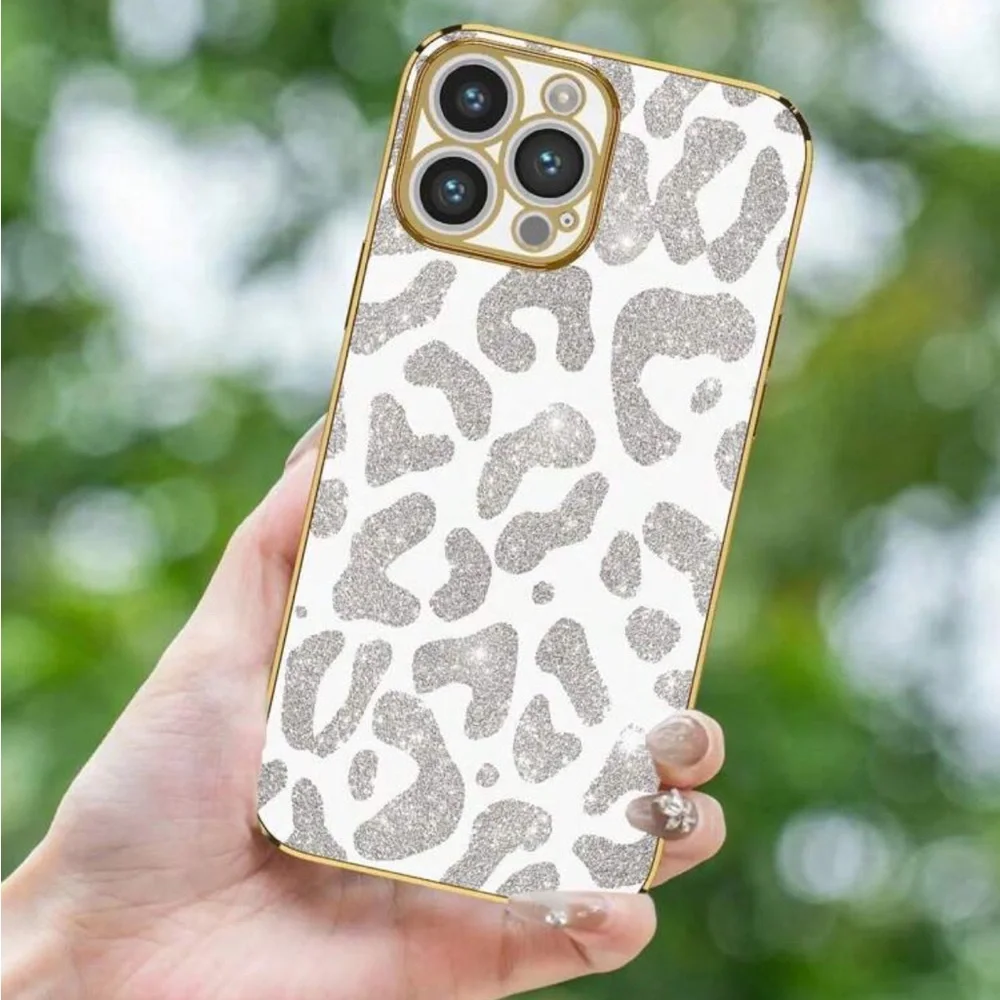 White & gold glitter animal print electroplate iPhone 14 Pro case, never used.